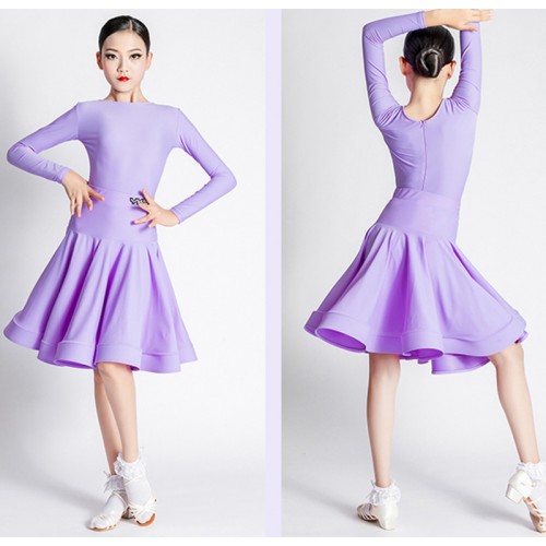 Girls kids white purple ballroom dance dresses long sleeves stage performance modern dance ballroom dance costumes for children